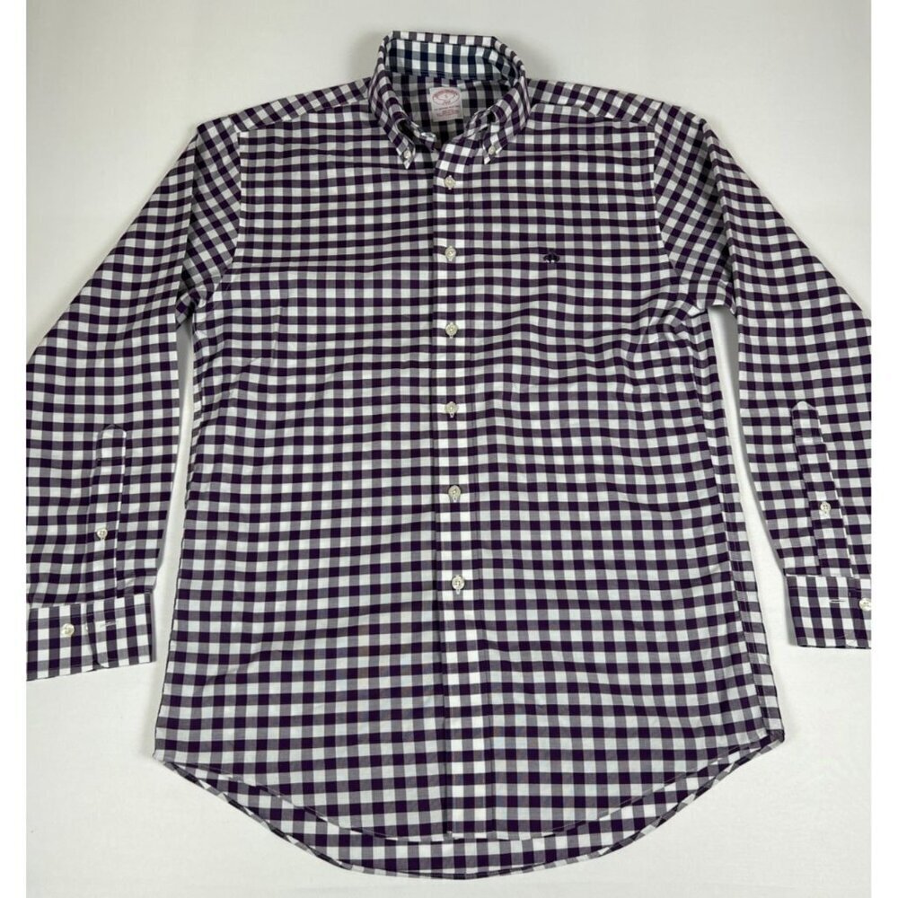 Brooks Brothers 346 Men's Small Purple White Gingham Check Non-Iron Cotton Shirt